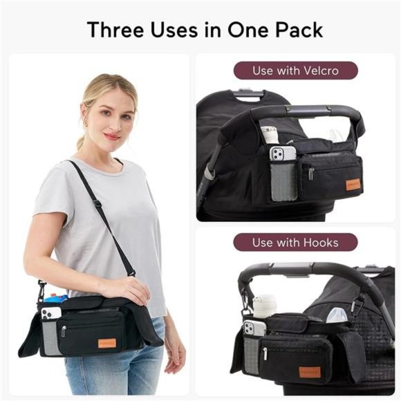 Universal Stroller Organizer w/ Insulated Cup Holder Phone Bag & Shoulder Strap - Picture 4 of 6